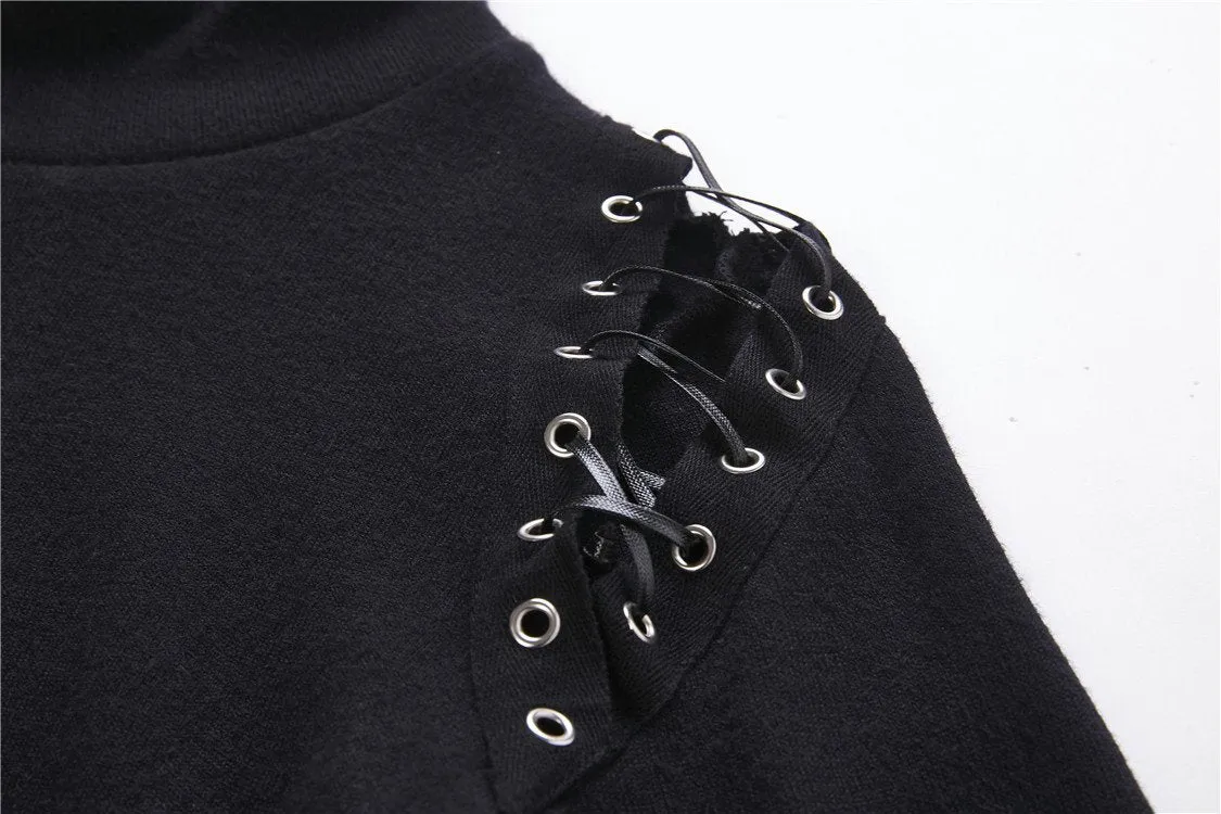 Punk lace-up shoulder vampire collar T-shirt TW178