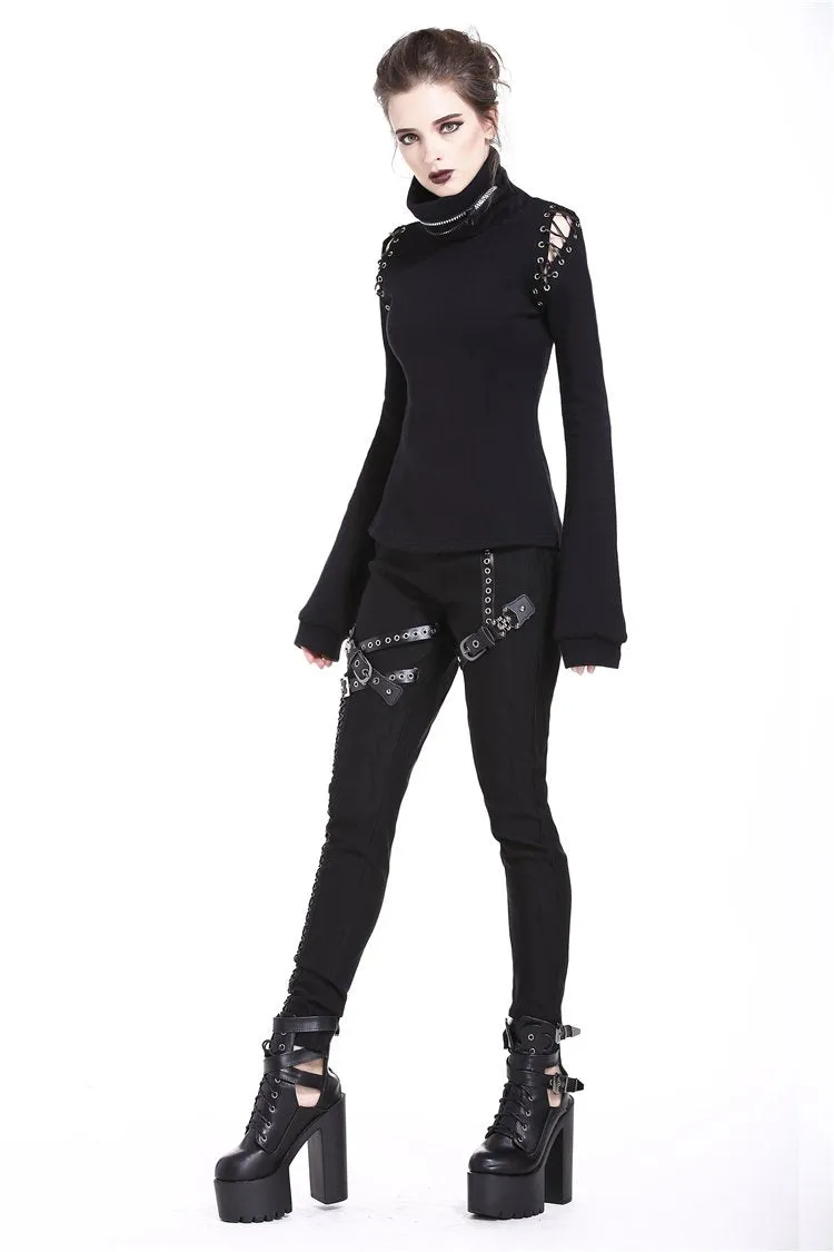 Punk lace-up shoulder vampire collar T-shirt TW178