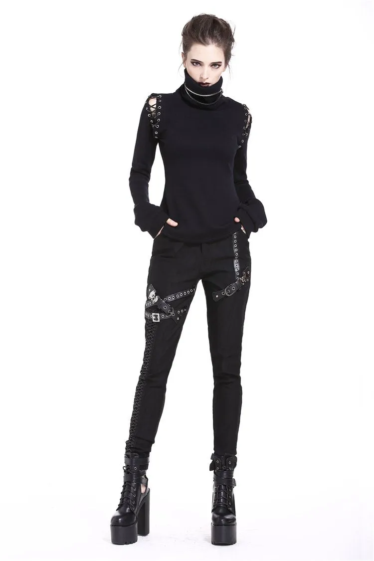 Punk lace-up shoulder vampire collar T-shirt TW178