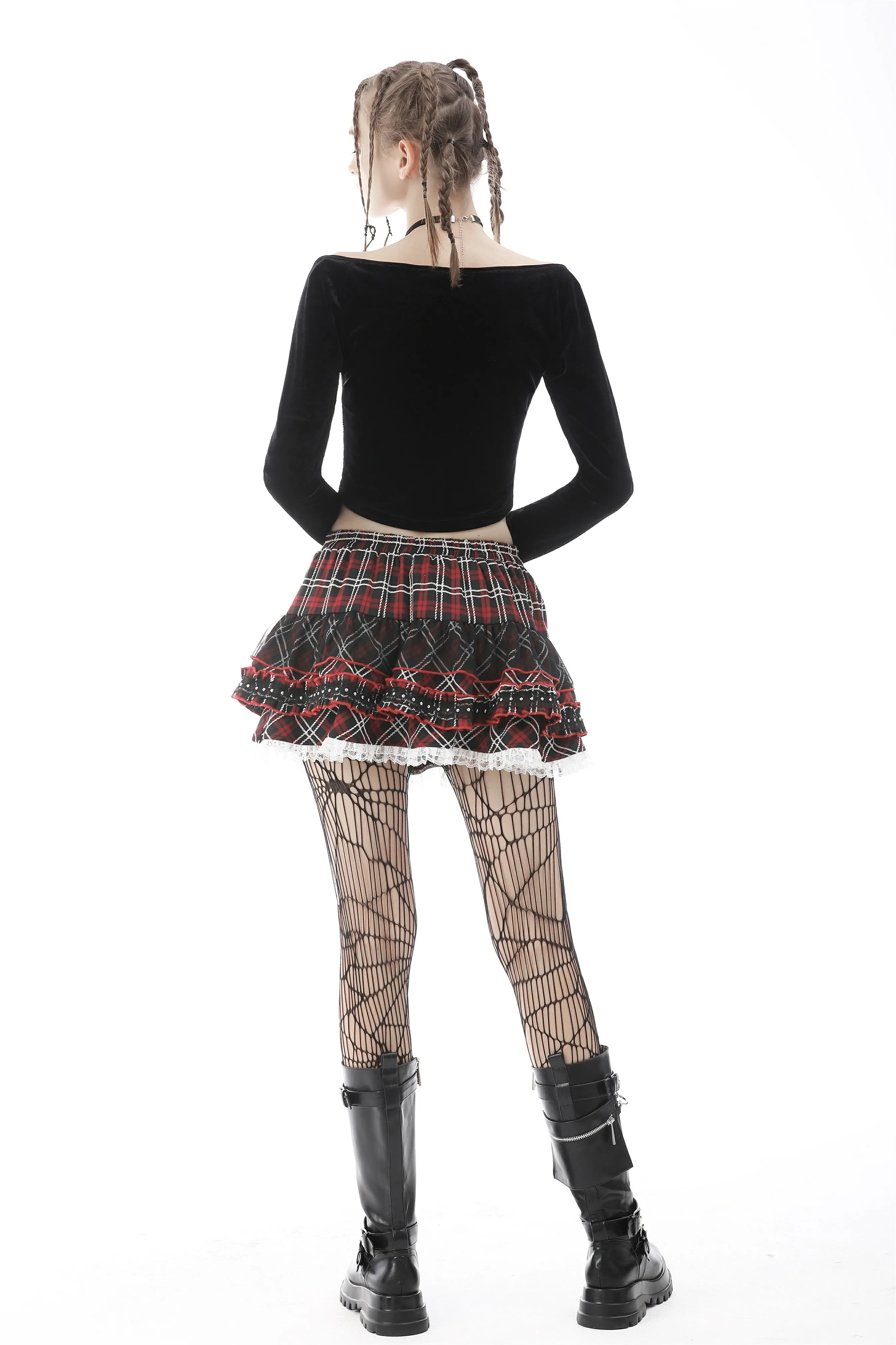 Punk red white plaid mesh sweet cool mini skirt  KW208