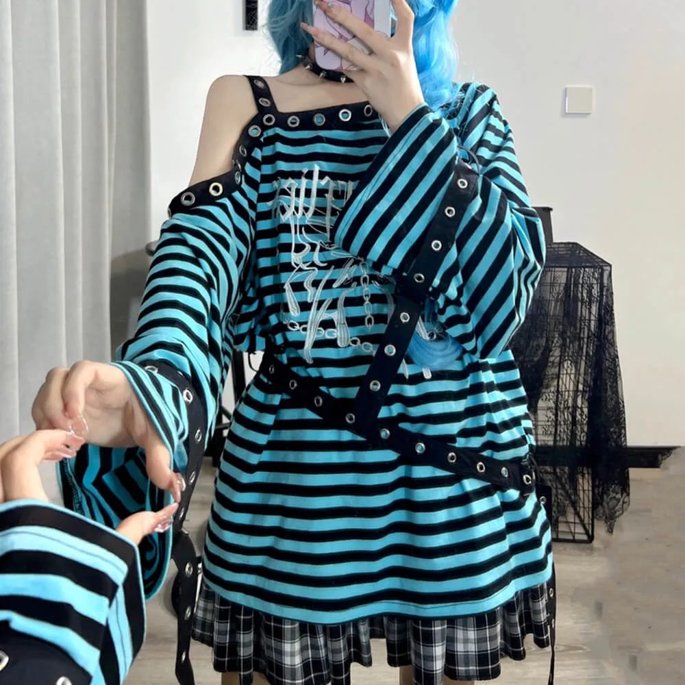 Punk Virtual Butterfly Embroidery One Shoulder Strap Striped Sweatshirt