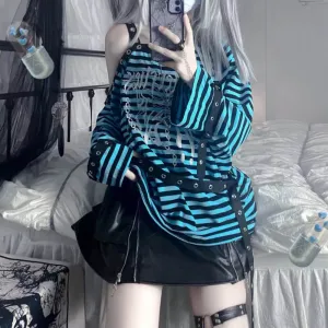Punk Virtual Butterfly Embroidery One Shoulder Strap Striped Sweatshirt