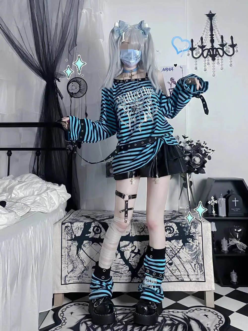 Punk Virtual Butterfly Embroidery One Shoulder Strap Striped Sweatshirt
