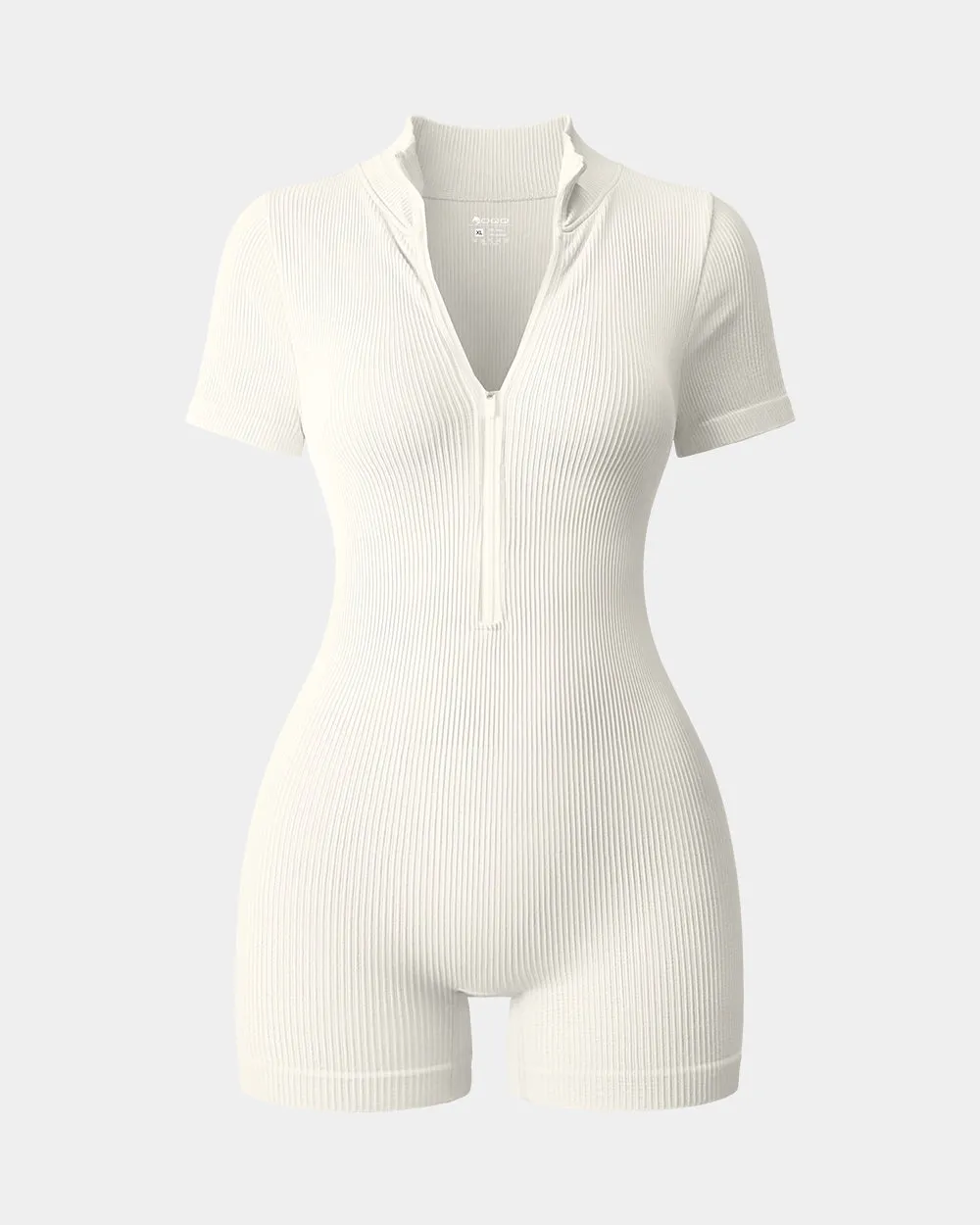 Ribbed Short Sleeve Zip Romper