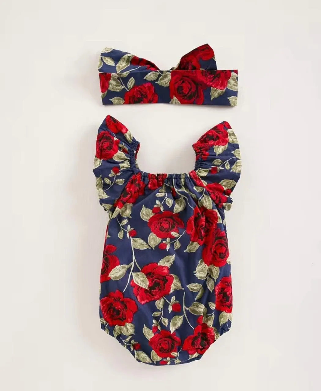 Roses are red Bodice is Blue Girls Bubble Romper and Headband