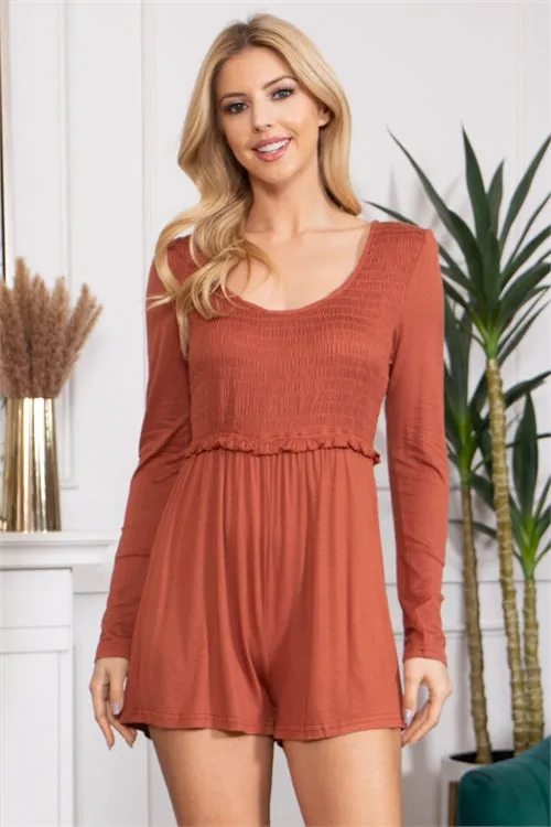 S12-3-1-R70020-RUST LONG SLEEVE SMOCKED ROMPER 2-2-2  (NOW $3.75 ONLY!)
