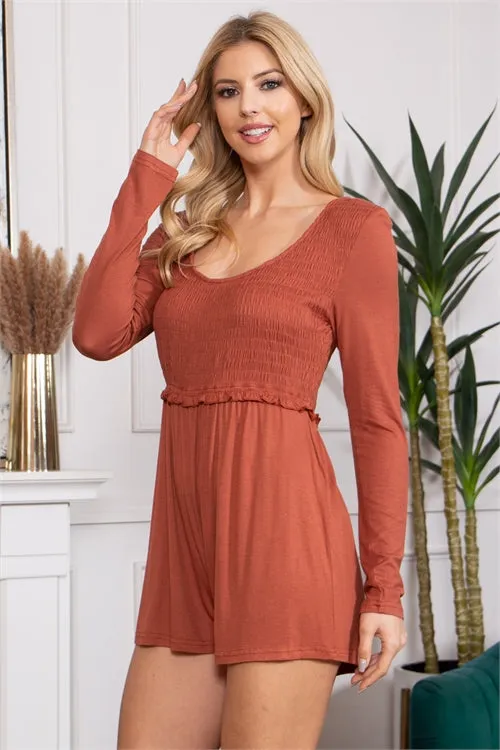 S12-3-1-R70020-RUST LONG SLEEVE SMOCKED ROMPER 2-2-2  (NOW $3.75 ONLY!)