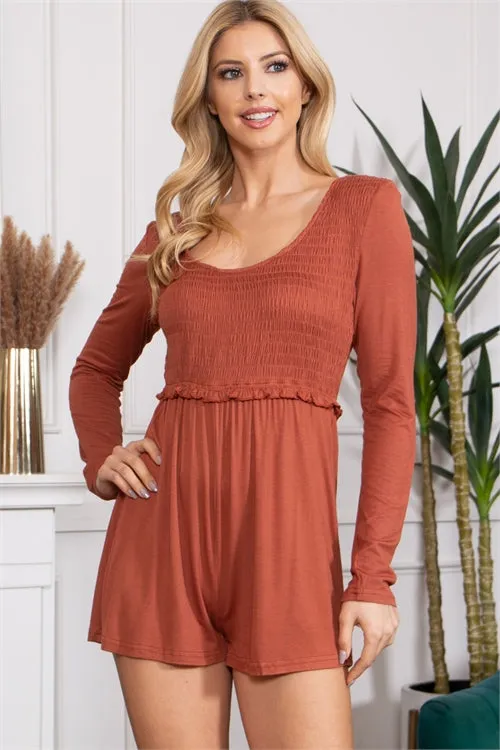 S12-3-1-R70020-RUST LONG SLEEVE SMOCKED ROMPER 2-2-2  (NOW $3.75 ONLY!)