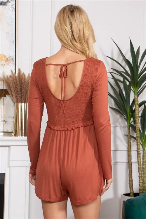 S12-3-1-R70020-RUST LONG SLEEVE SMOCKED ROMPER 2-2-2  (NOW $3.75 ONLY!)