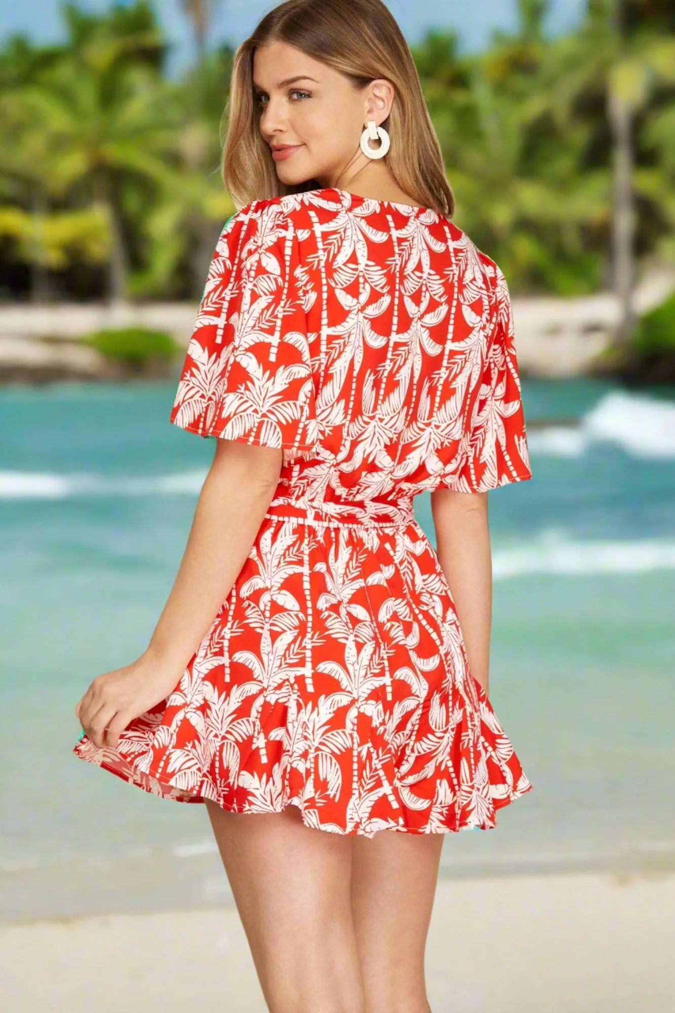 She   Sky Short Sleeve Tropical Floral Print Romper - Red