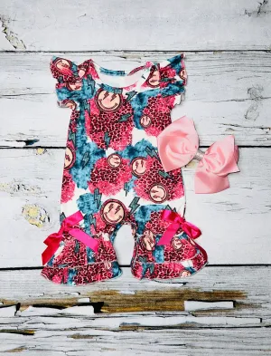 Smiley face w/hot pink cheetah print ruffle baby romper DLH1124-11