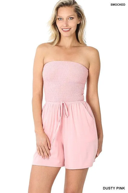Smocked Tube Romper With Pockets