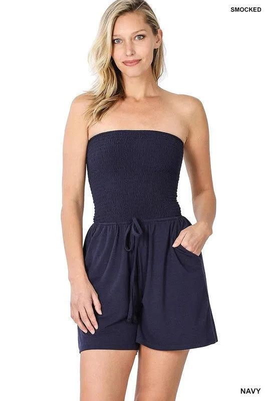 Smocked Tube Romper With Pockets