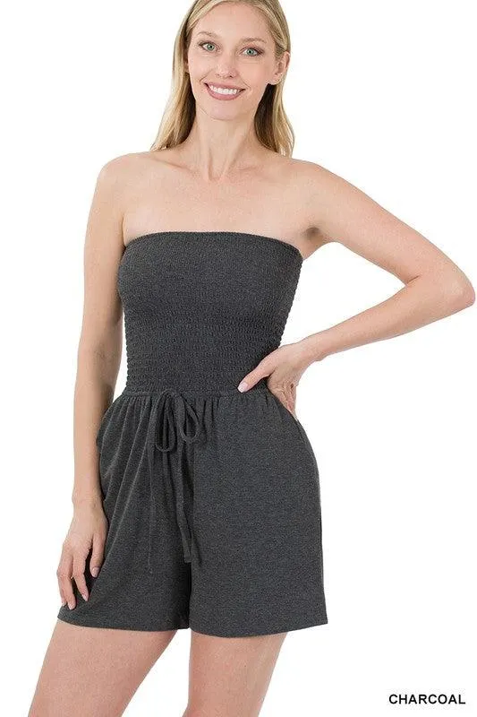 Smocked Tube Romper With Pockets