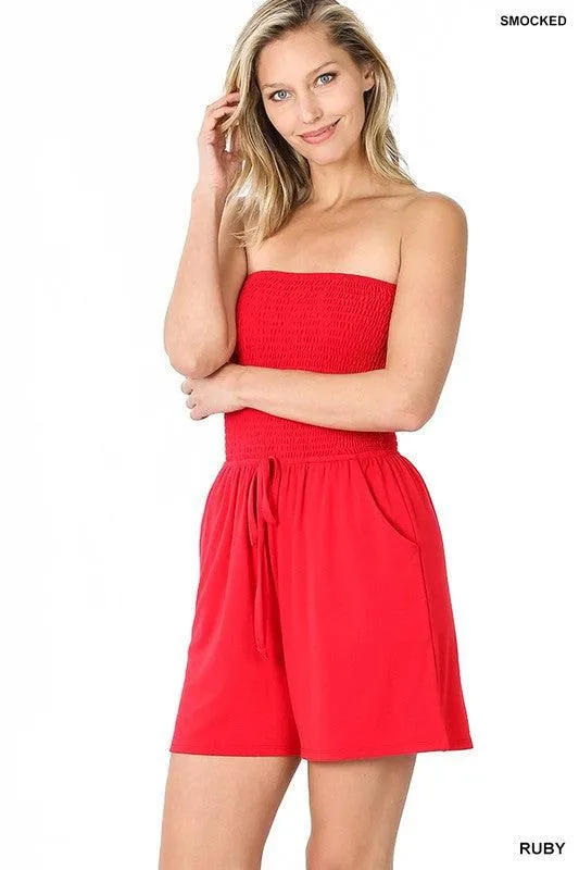 Smocked Tube Romper With Pockets