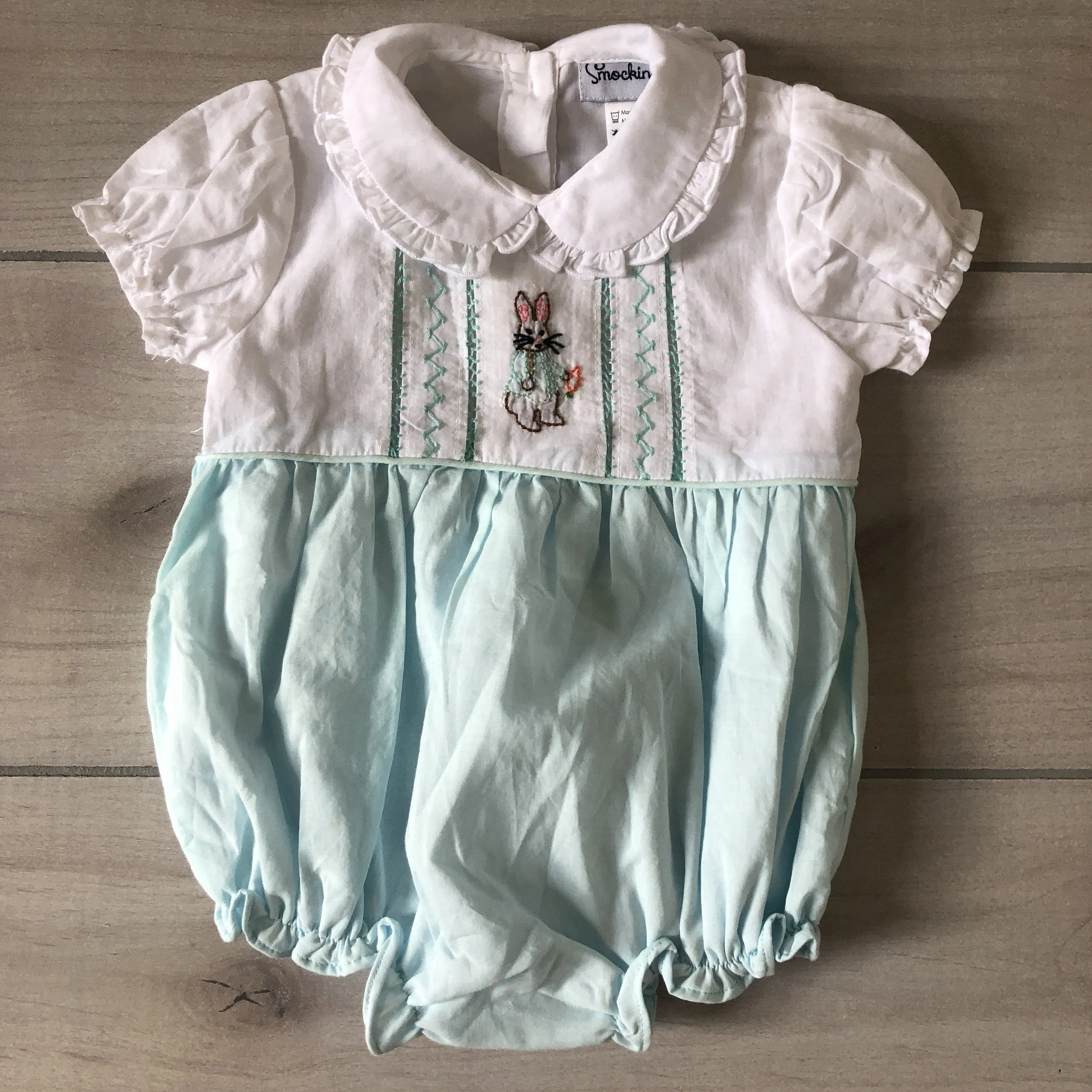 Smockingbird Aqua & White Peter Rabbit Smocked Bubble Romper