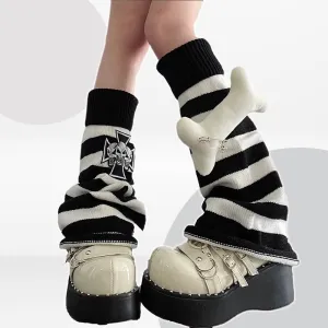 Striped Pattern Skull Big Bone Decor Flared Leg Warmers