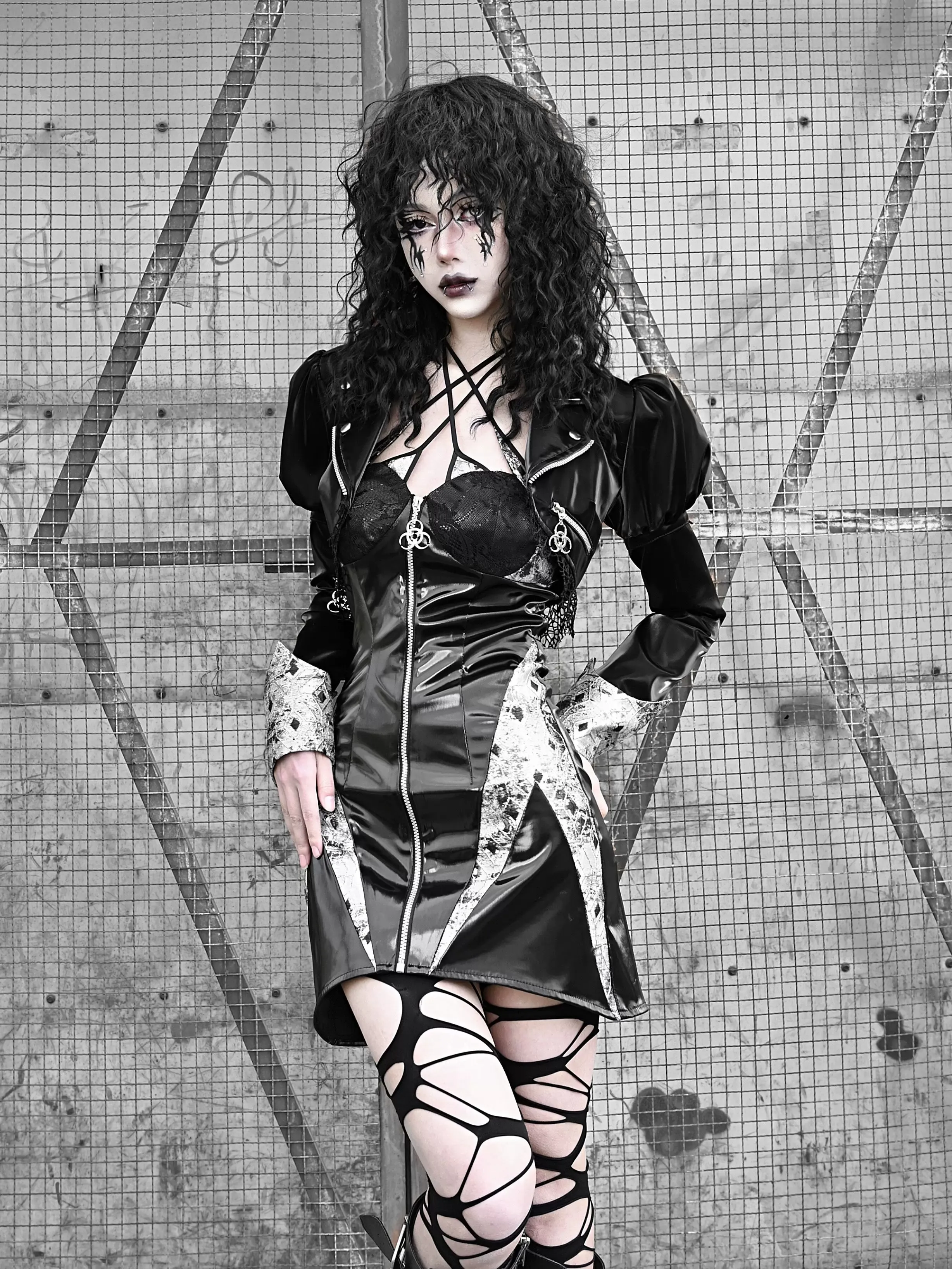 Suit Halter PU Punk Slim Zip Dress Suspender Neck