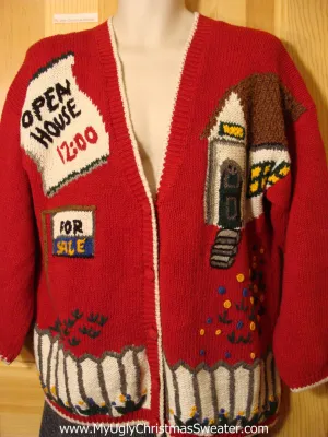 Tacky Ugly Christmas Realtor Sweater "Open House" "For Sale" 80s Classic with Padded Shoulders (f531)