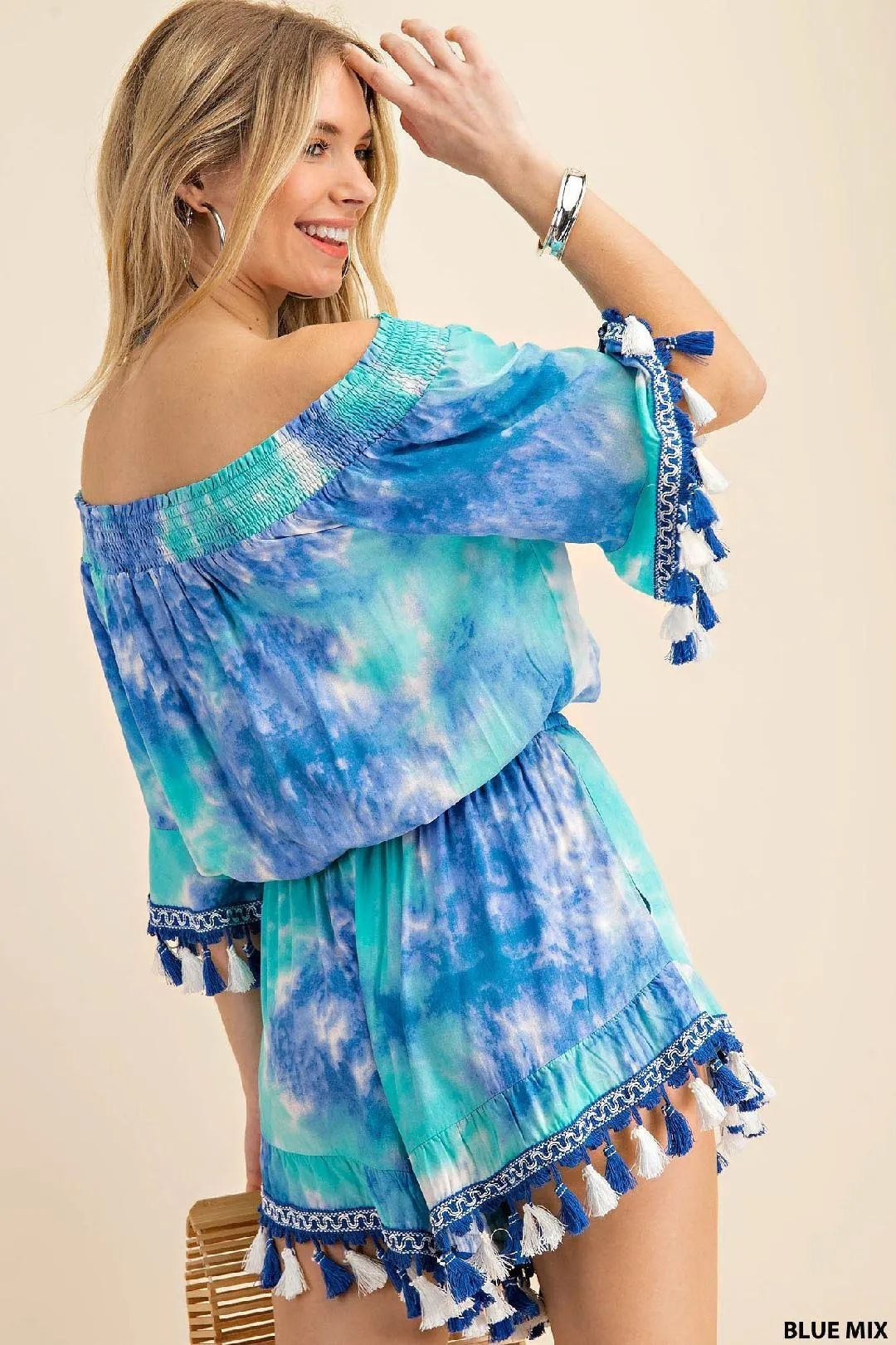 Tie Dye Off Shoulder Romper with Tassels