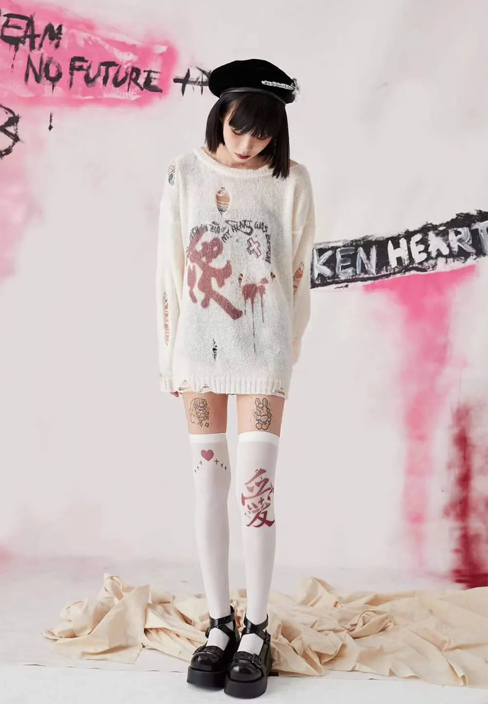 To End of the World Love Graffiti Thigh High Tights White