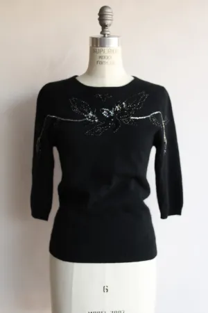 Vintage 1980s Does 1940s Angora Sweater with Keyhole Back and Beading