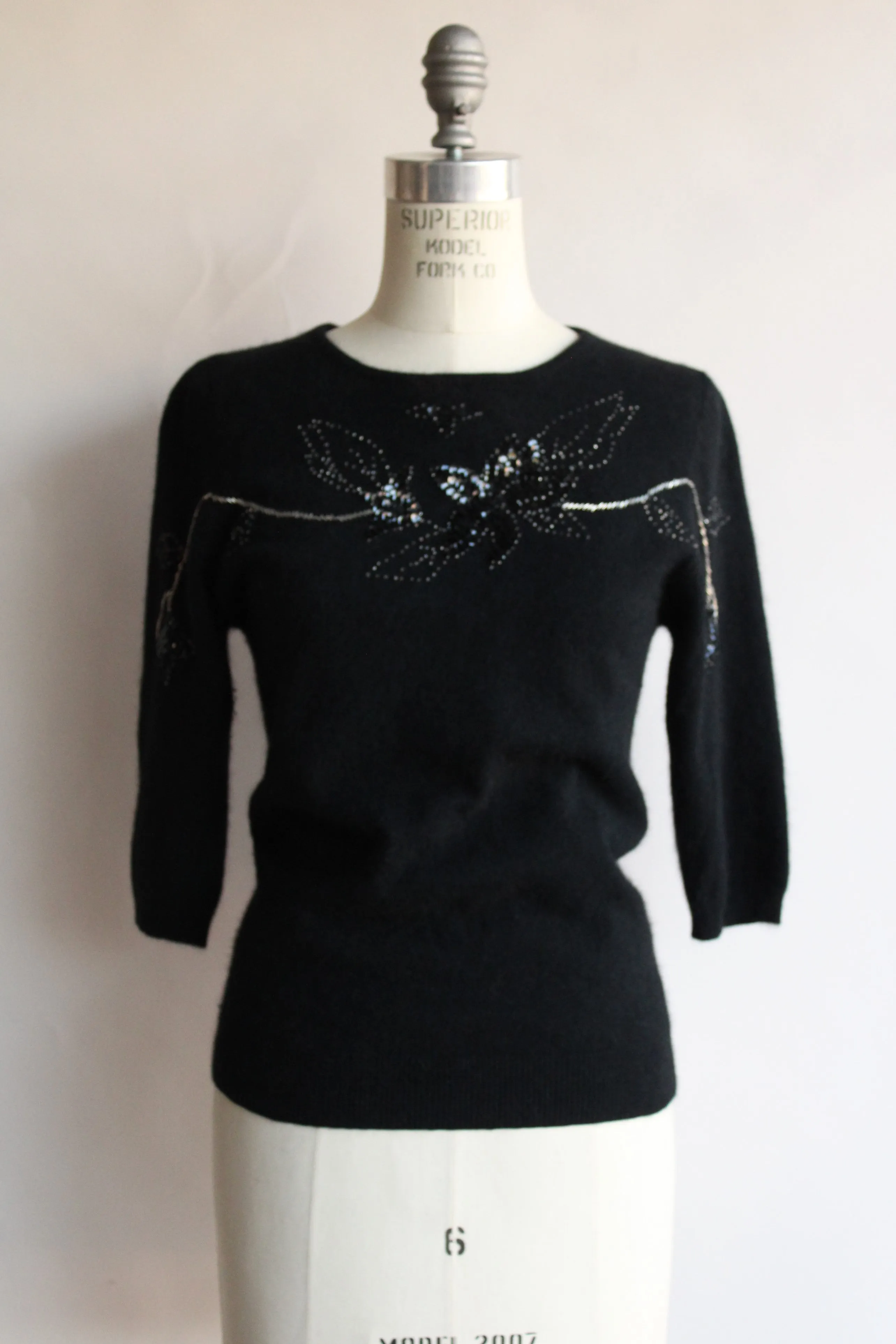 Vintage 1980s Does 1940s Angora Sweater with Keyhole Back and Beading