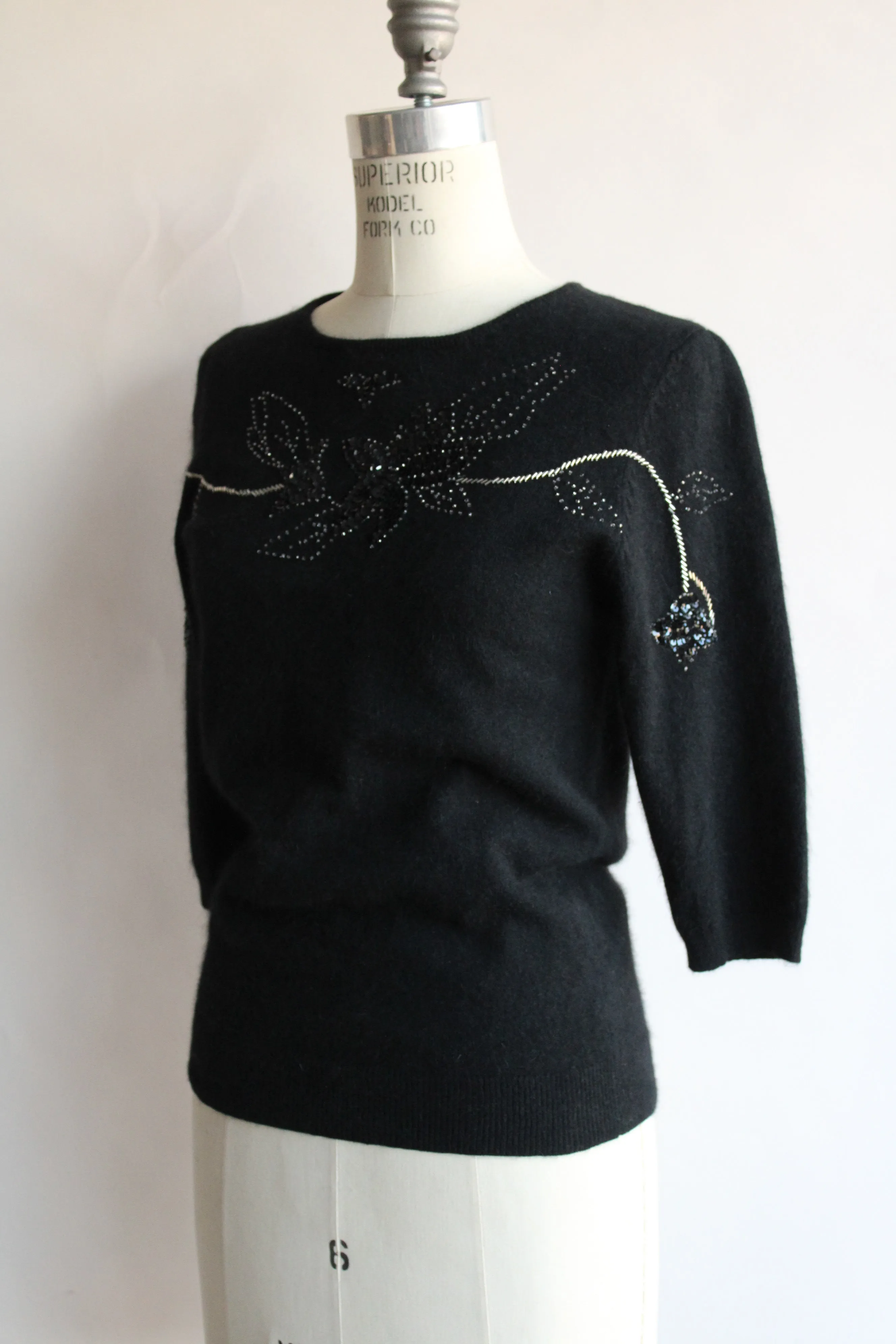 Vintage 1980s Does 1940s Angora Sweater with Keyhole Back and Beading