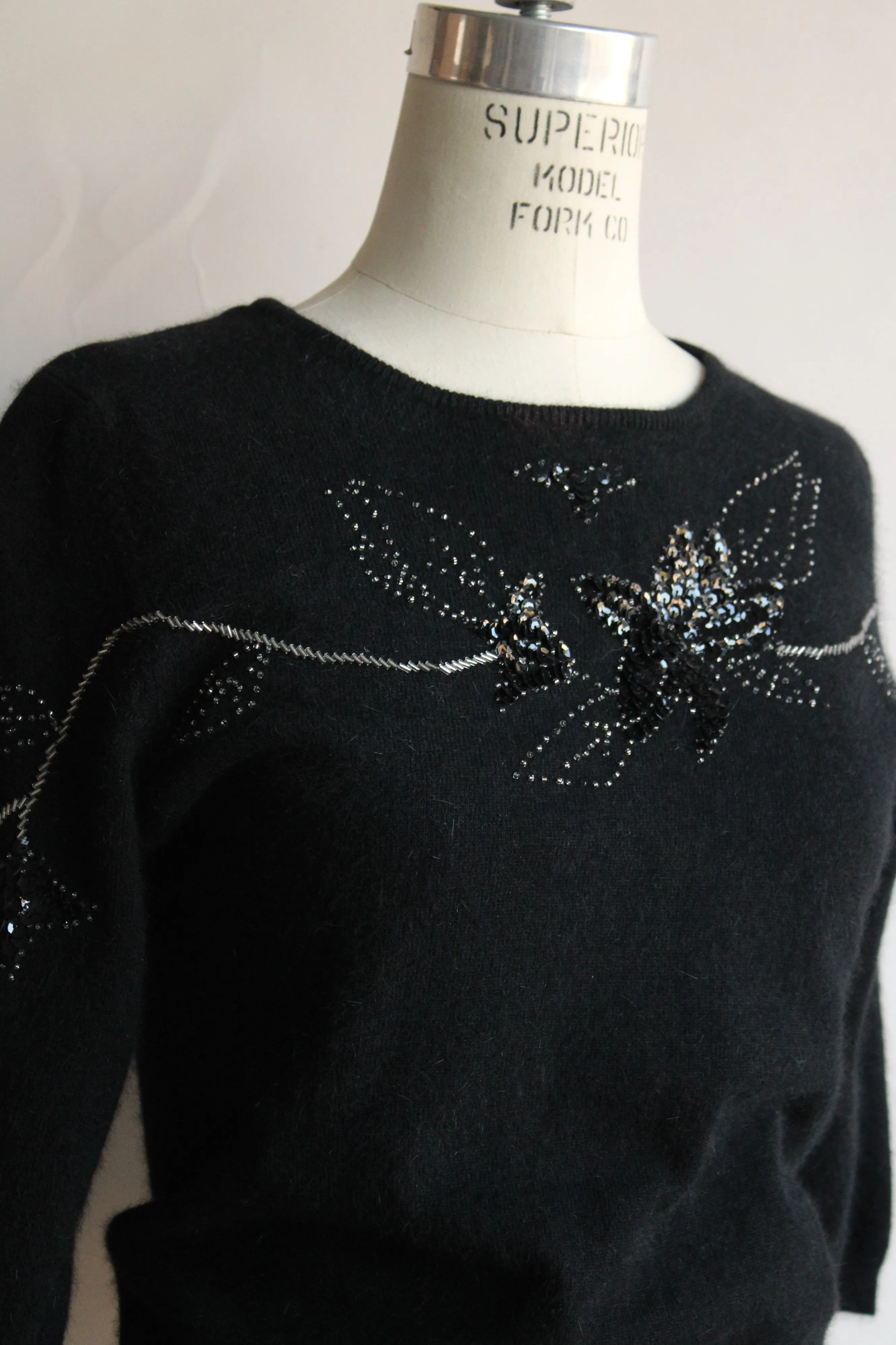 Vintage 1980s Does 1940s Angora Sweater with Keyhole Back and Beading
