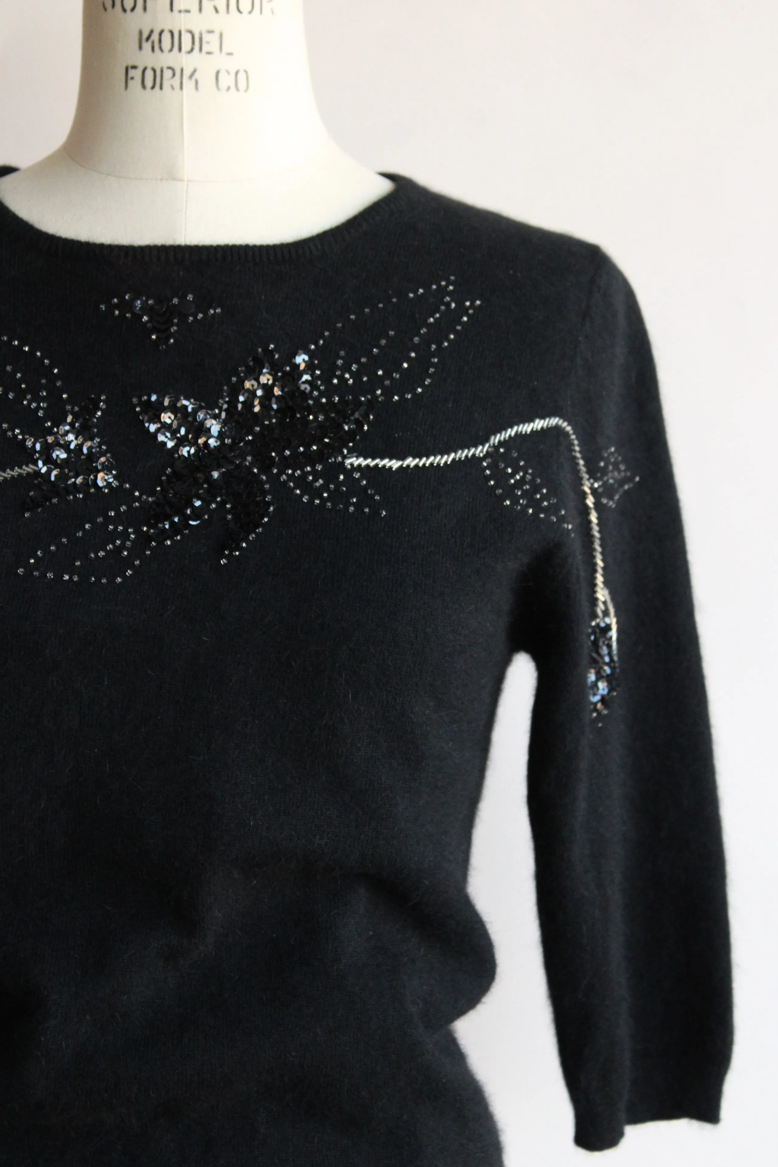 Vintage 1980s Does 1940s Angora Sweater with Keyhole Back and Beading