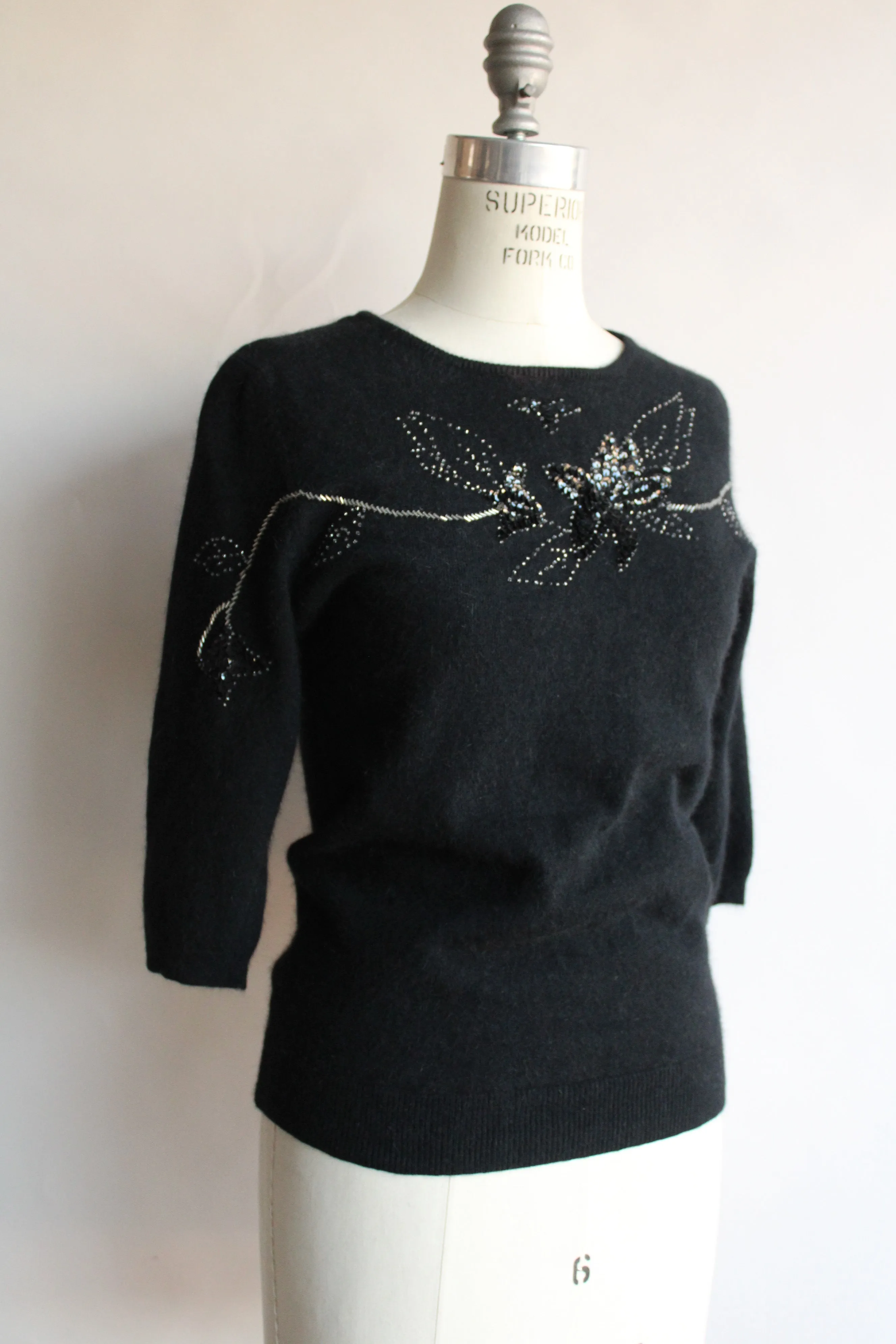 Vintage 1980s Does 1940s Angora Sweater with Keyhole Back and Beading