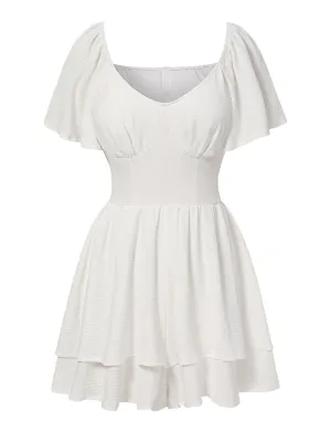 White 1950s Puff Sleeve Layered Hem Romper