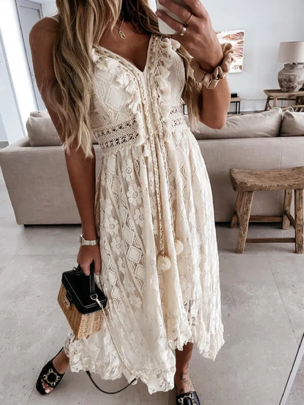 Women's Boho Romantic Solid Tassel & Ruffle Lace Slip Dress