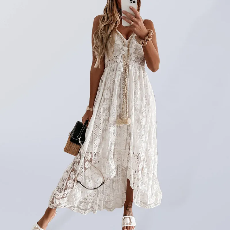Women's Boho Romantic Solid Tassel & Ruffle Lace Slip Dress