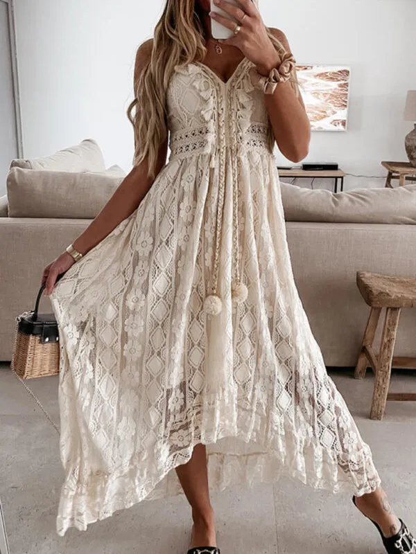 Women's Boho Romantic Solid Tassel & Ruffle Lace Slip Dress