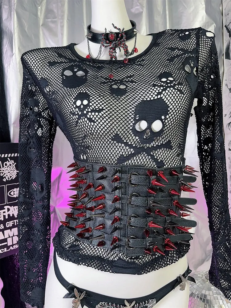 Y2K Red Studs Black Punk Waist Belt