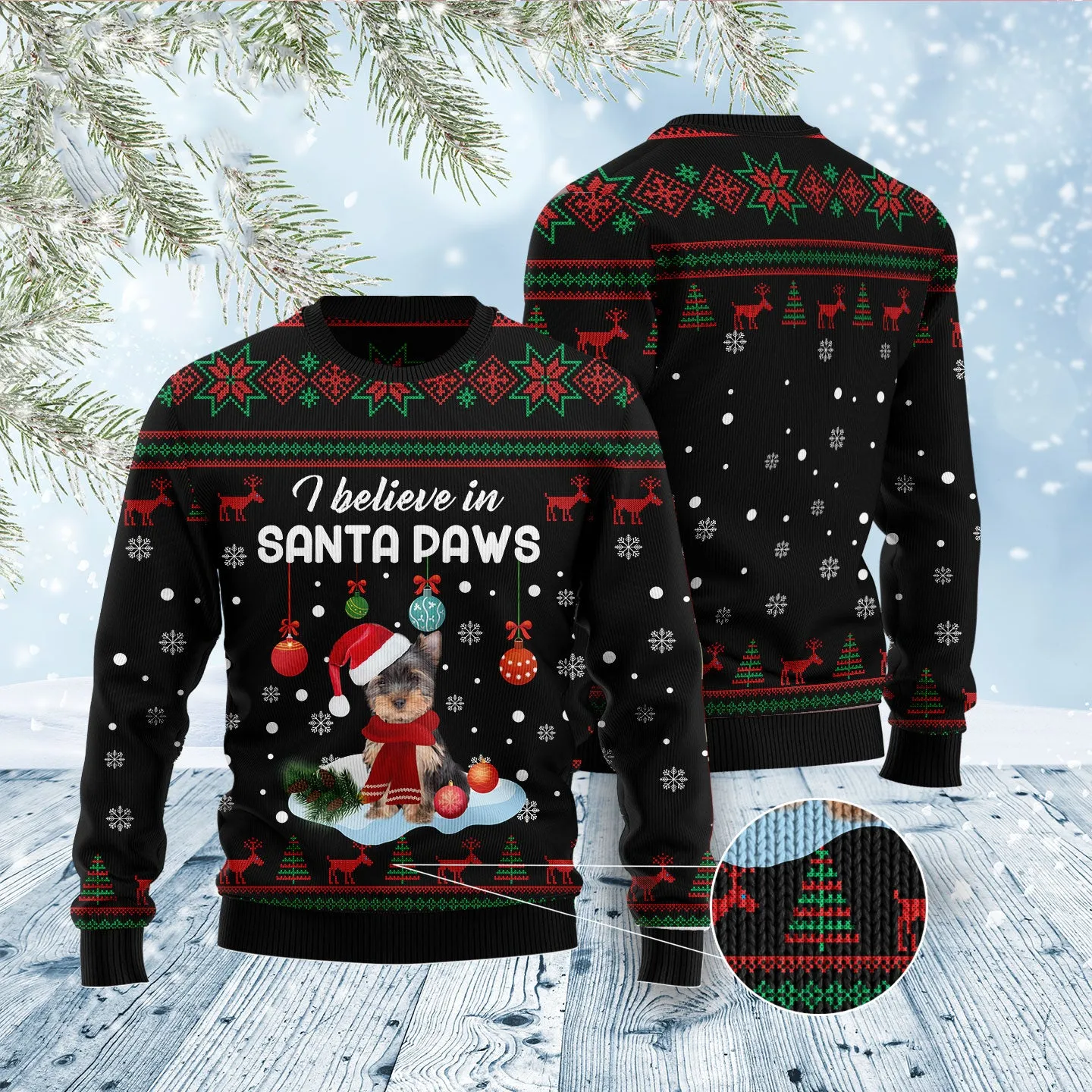 Yorkshire Terrier Santa Paw Ugly Christmas Sweater, I Believe in Santa Paw Dog Ugly Sweater