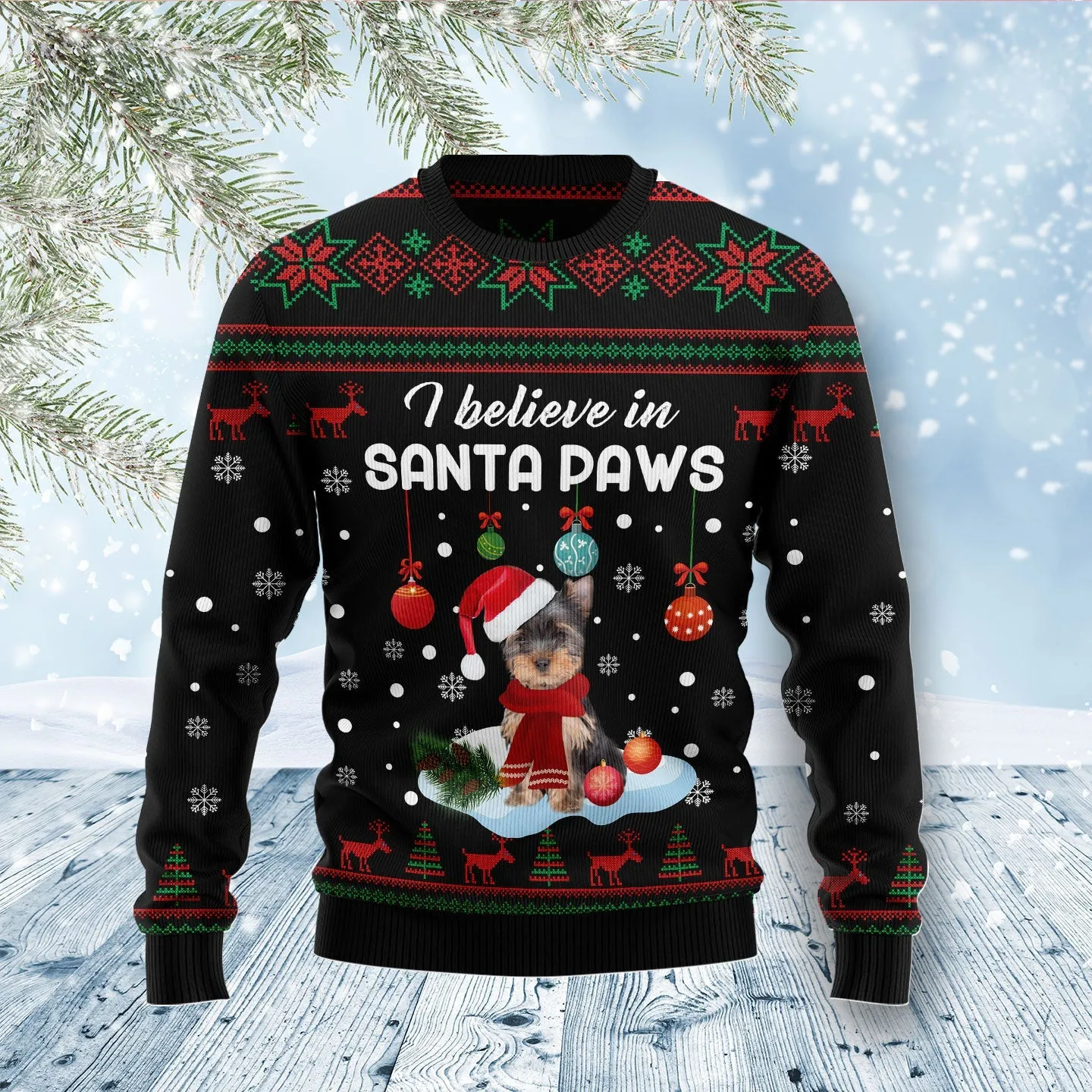 Yorkshire Terrier Santa Paw Ugly Christmas Sweater, I Believe in Santa Paw Dog Ugly Sweater